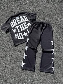 SHEIN Conjunto de 2 peças Camiseta de Manga Curta com Estampa Gráfica e Calça de Moletom Folgada para Meninos Pré-Adolescentes - Preto - Visão 2