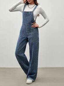 EURMUSE Casual Washed Loose Straight Leg Bib Overall Jeans - Dark Wash - View 2