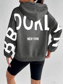 SHEIN Unity Casual Letter Print Hoodie, Autumn/Winter - Dark Grey - View 2