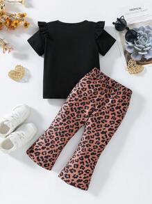 SHEIN 2pcs Baby Girl Letter Print Short Sleeve Top And Leopard Flare Pants Set - Brown - View 2