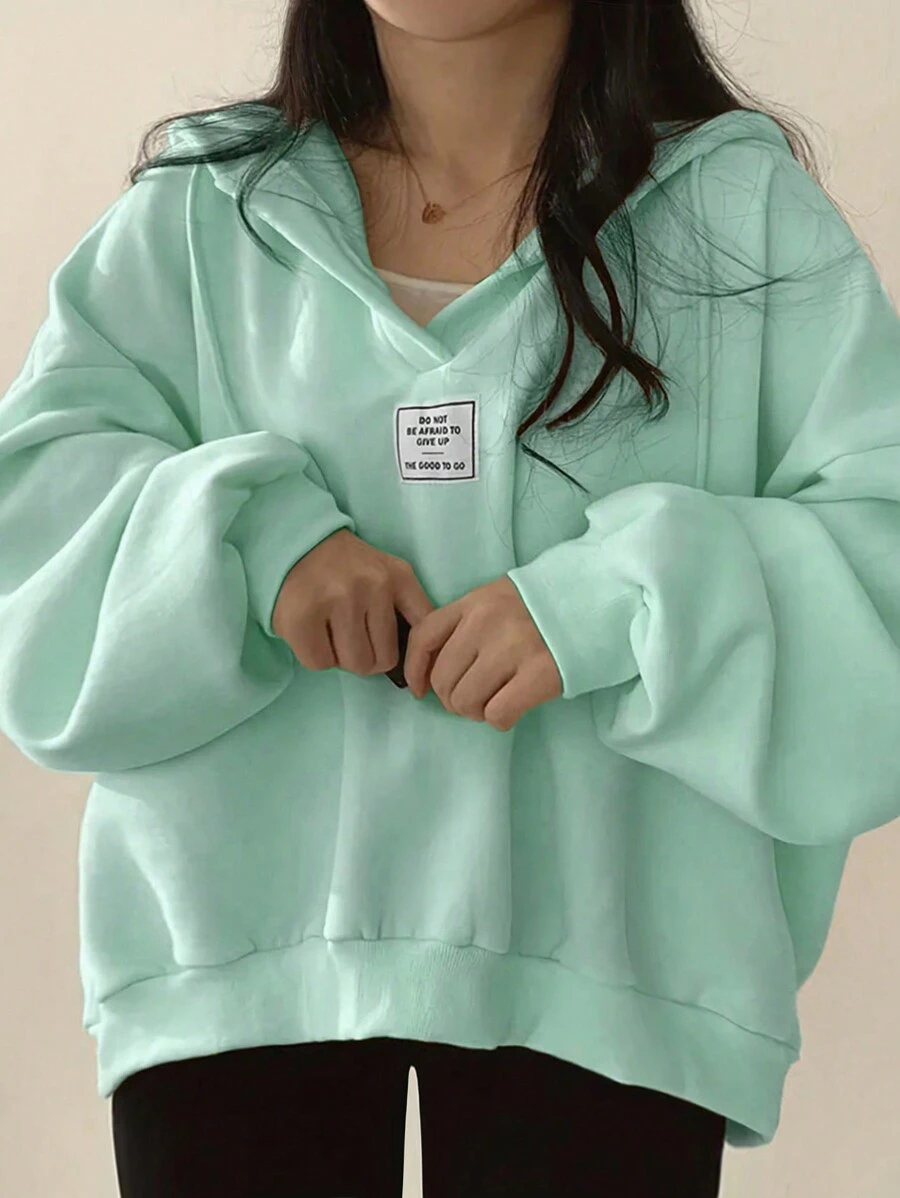 INAWLY 大码连帽长袖休闲宽松青少年风格运动衫 - 薄荷綠 - 查看 1