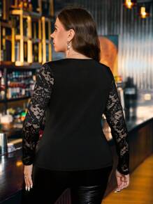 Gownix Canotta elegante in pizzo con scollo a V e maniche lunghe, decorata con strass, di taglia grande per donne