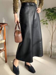 FRIFUL Women's Fashionable PU Metallic Zipper Skirt For Autumn Leather Skirt - Black - View 3
