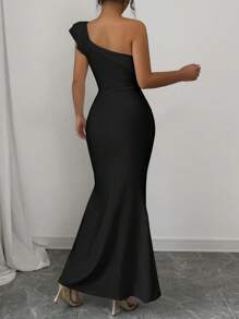 Elenzga Vestido largo estilo sirena con volantes y abertura elegante - Negro - Ver 2