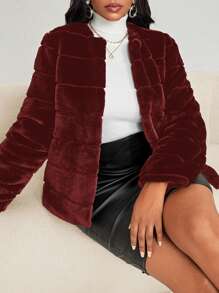 SHEIN Lady Women Fluffy Coats - Burgundy - View 2