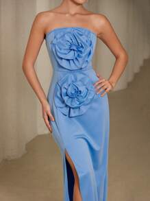 GENKIRA 女式花卉 3D 紧身高开衩连衣裙，收腰时尚，适合派对、情人节、春夏季 - 藍色 - 查看 3