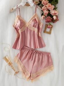 对比色蕾丝缎睡衣套装/睡衣套装 - 淺粉色 - 查看 1