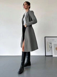 Firerie Abrigo largo hasta la rodilla con mangas largas y cintura ceñida, color morado medio, para mujer