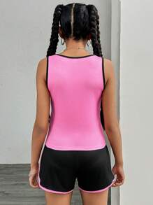 2pcs/Set Teen Girls Solid Color Patchwork Round Neck Sleeveless Graphic Print Top And Shorts Set
