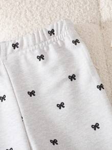 SHEIN Baby Girl Fashionable Sweatshirt With Bow Print & Flared Pants For Spring/Autumn - Grey - View 5