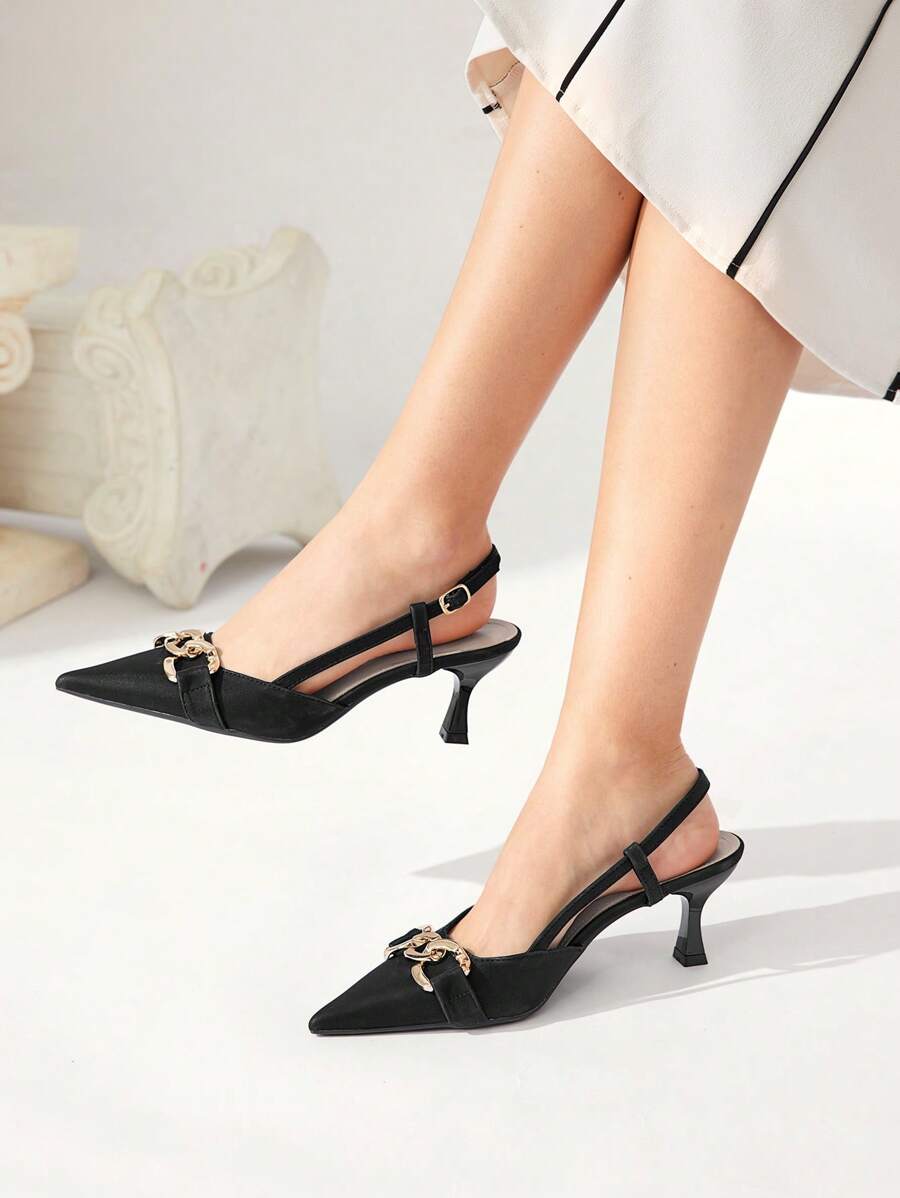 CUCCOO CHICEST Women's Pointed Toe Metal Decor Simple High Heel Pumps, Casual Everyday Wear Spring Shoes Spring Break Easter Prom Heels - Black - View 1