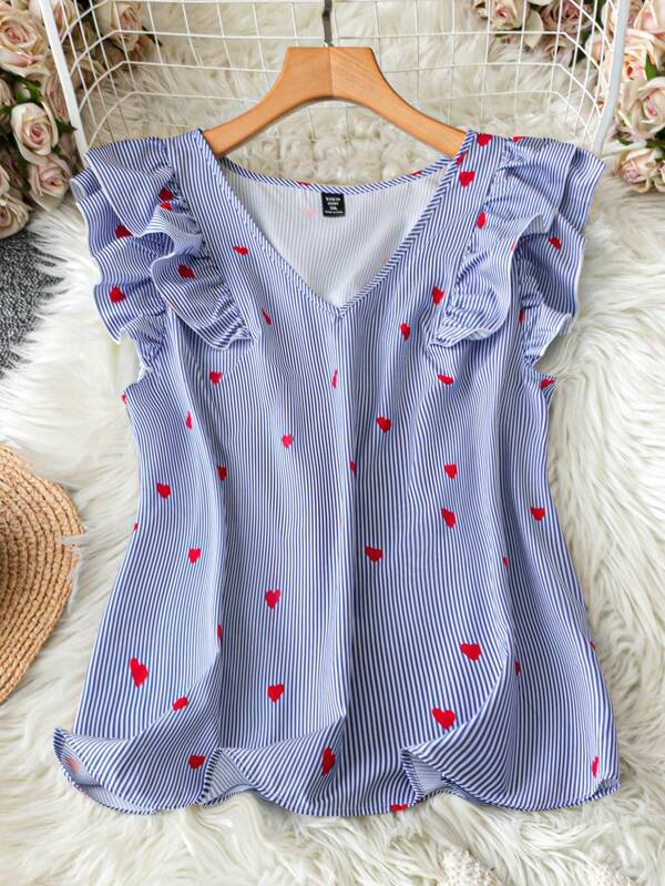 SHEIN LUNE Plus Size Women V-Neck Ruffle Trim Casual Striped Heart Shirt New Year Shirts Women Valentine's Day Summer Spring Clothes Summer Clothes Spring Outfits For Women Vacation Outfits Woman