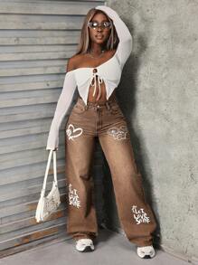 SHEIN Slayr Jeans de mujer de color café con estampado - Café integral - Ver 4