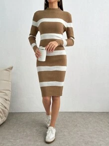 SHEIN Cottnline 黑白毛衣裙简约时尚修身 - 駝色 - 查看 3