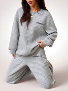 SHEIN Unity Autumn/Winter Casual Letter Print Sweatshirt And Sweatpants Set - Grey - View 6