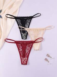 3 piezas Tanga transparente de encaje para mujer - Multicolor - Ver 1