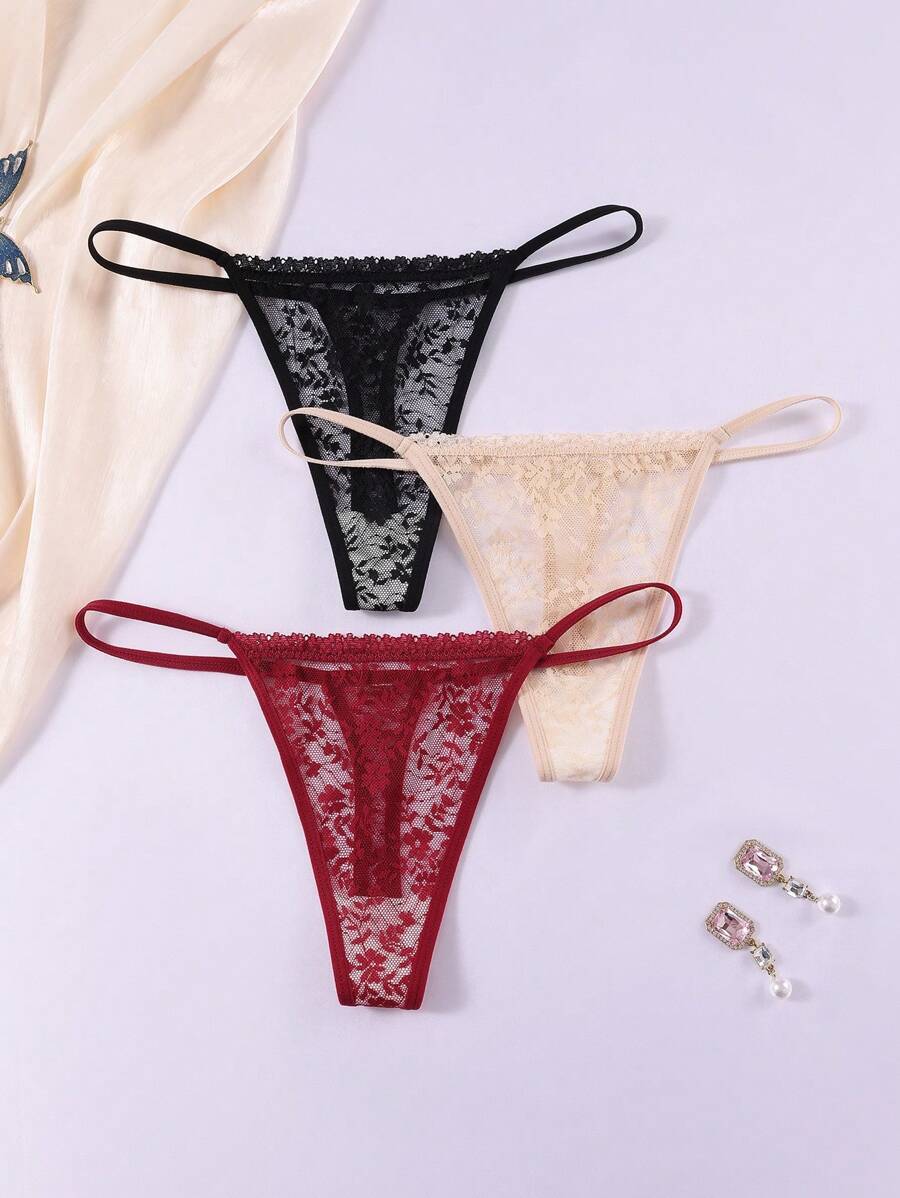 3 piezas Tanga transparente de encaje para mujer - Multicolor - Ver 1