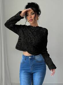 Selianne Women's Solid Color Lace Trim Long Sleeve Casual Top, For Everyday Wear Fall Cloth For Women - Black - View 5