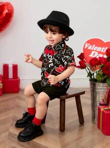 SHEIN 2pcs Baby Boy Valentine's Day Heart & Letter Graphic Contrast Color Bow Collar Short Sleeve Shirt & Elastic Waist Shorts Set, Suitable For Valentine's Day Party & New Year
