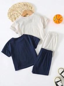 SHEIN Conjunto de 4 piezas para bebé niño/niña de verano con Top de manga raglán de cuello redondo con diseño de oso de peluche de dibujos animados y shorts de cintura elástica