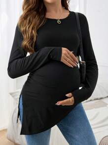 SHEIN 舒适圆领开衩孕妇T恤，时尚