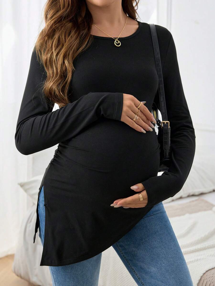 SHEIN 舒适圆领开衩孕妇T恤，时尚