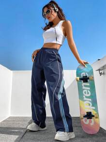StreetHx Contrast Color Rolled Hem Drawstring Waist Long Pants Fall Cloth For Women - Navy Blue - View 3