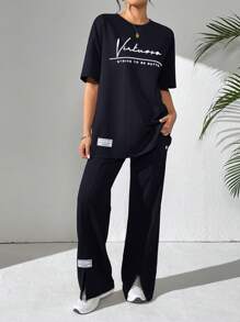Mulvari 女士夏季口号印花落肩 T 恤和休闲裤 2 件/套，休闲装运动服 2 件套休闲套装，适合散步/运动/返校和日常休闲装 - 藏蓝色 - 查看 4