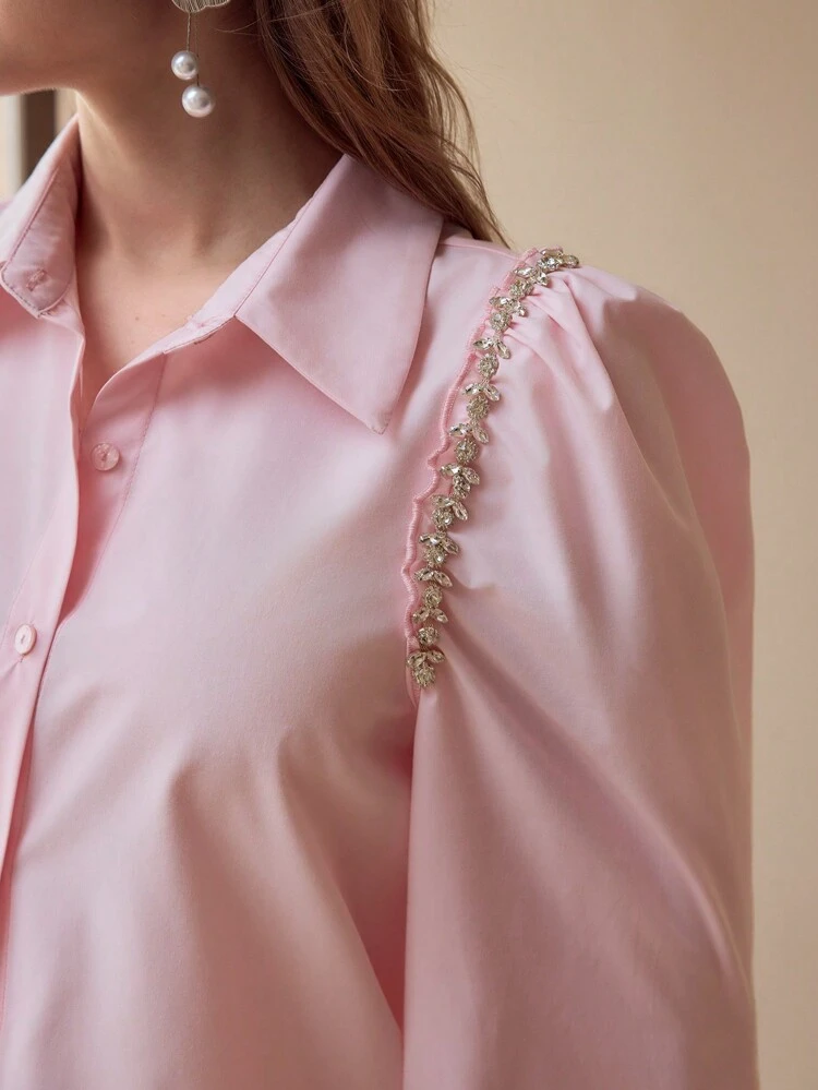 RHINESTONE BEADED LANTERN SLEEVE BLOUSE,SPRING/SUMMER