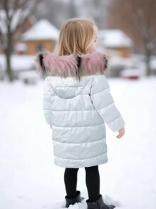 Áo khoác dáng lửng dày dặn cổ lông giả bóng mượt, áo khoác có mũ thời trang cho bé gái, mùa đông - trắng - Xem 2