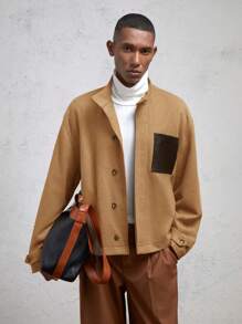 AKNOTIC Business Casual Men's Loose Fit Raglan Splice Colorblock Casual Stand Collar Long Sleeve Short Cashmere Cardigan Jacket, Camel, Suitable For Autumn/Winter - Brown - View 2