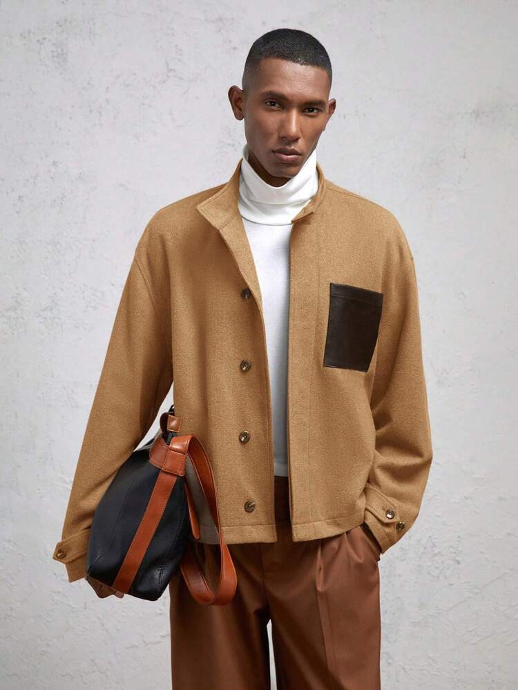 Men's Loose Fit Raglan Splice Colorblock Casual Stand Collar Long Sleeve Short Cashmere Cardigan Jacket, Camel, Suitable For Autumn/Winter