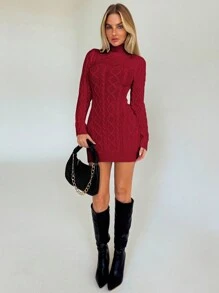 Aloruh Vestido corto de punto grueso de cuello alto estilo cable para mujer, nuevo lanzamiento de otoño/invierno, uso diario, look sexy y elegante