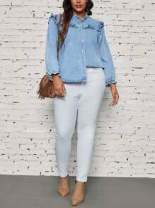 SHEIN LUNE 秋季大码休闲牛仔衬衫，荷叶边装饰