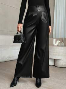 Firerie Women Solid Color Front Button Pocket Simple Long Pants, Casual Daily Wear - Black - View 3