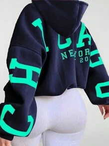 INAWLY 大码字母印花落肩休闲宽松卫衣，适合秋季毕业季、返校季、教师秋冬穿着。 - 寶藍色 - 查看 1