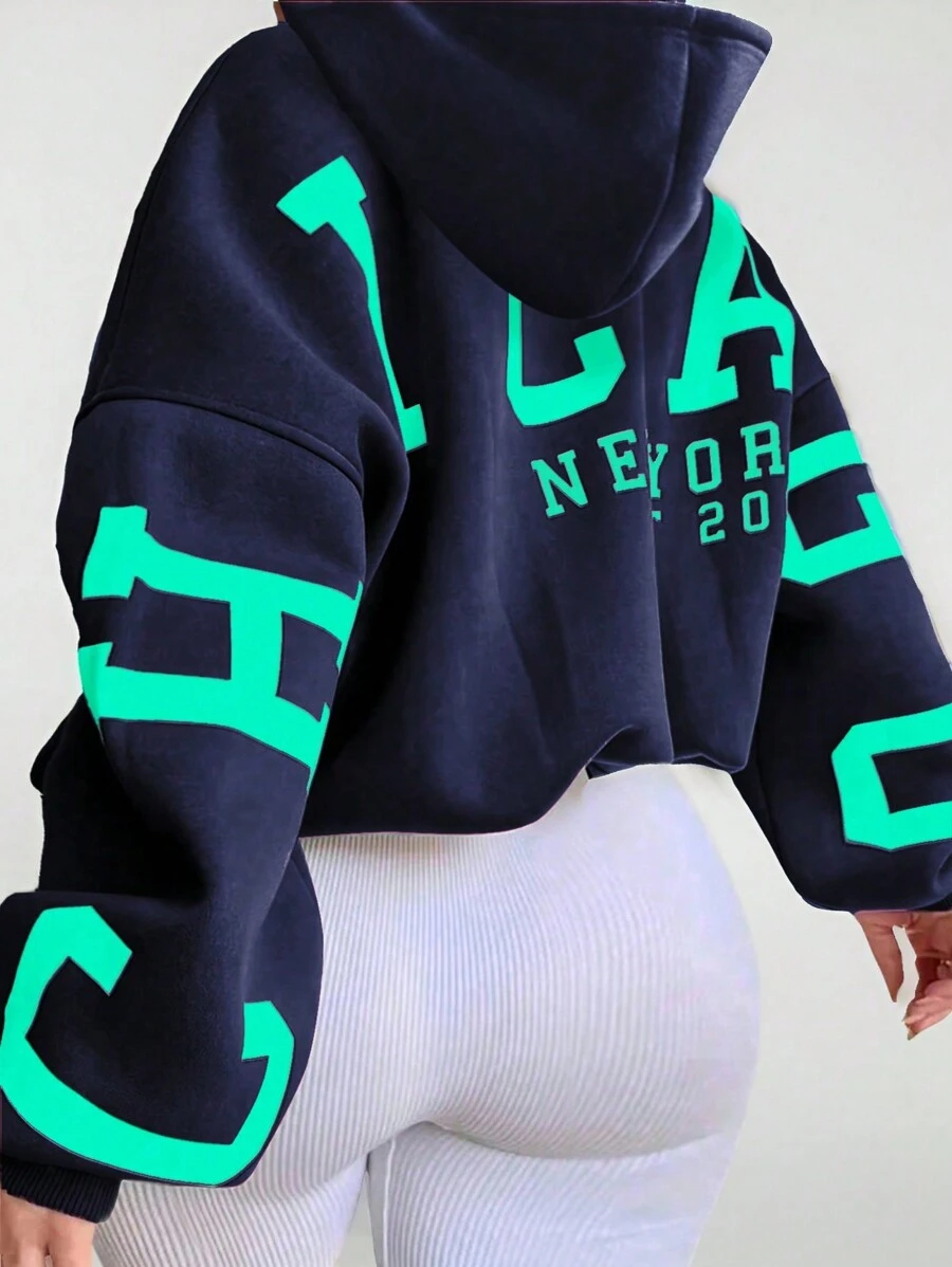 INAWLY 大码字母印花落肩休闲宽松卫衣，适合秋季毕业季、返校季、教师秋冬穿着。 - 寶藍色 - 查看 1