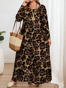 EMERY ROSE Plus Size Casual Leopard Print Long Sleeve Crew Neck Dress, Suitable For  Chic Dress, Fall - Multicolor - View 3