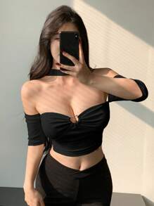 DAZY 女款時尚性感露肩掛脖短版上衣，返校穿搭掛脖上衣 - 黑色 - 查看 7
