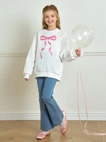 SHEIN 2 件套青少年女孩蝴蝶结运动衫和喇叭牛仔裤，休闲公主芭蕾风格