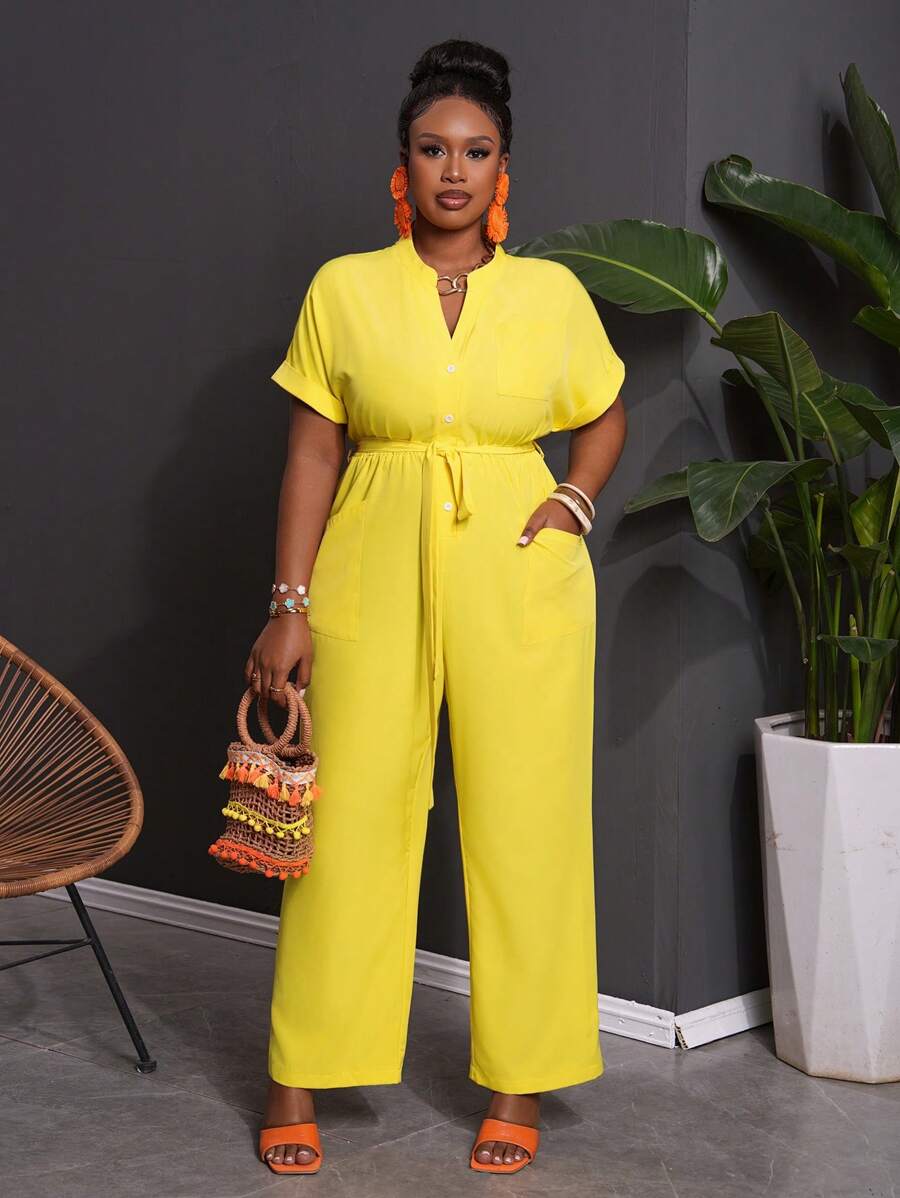 Slaydiva 2025 New Style / Rave / Easter Outfit For Women / Old Money Style For Women / Country Concert Outfit / Going Out Outfits / Fairycore / Festival Outfits / Tropical Vacation Women Clothes Outfit / Solid Yellow Short Sleeve Button Up Top With Tie Front, Plus Size / Western Wear For Plus Size Women / Green V-Neck Short Sleeve Wrap Pocket Romper / Rompers For Women Summer