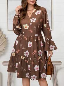 EMERY ROSE Plus Size Casual Floral Print Flare Sleeve Dress,Vacation Wear,Spring,Boho Dress Women