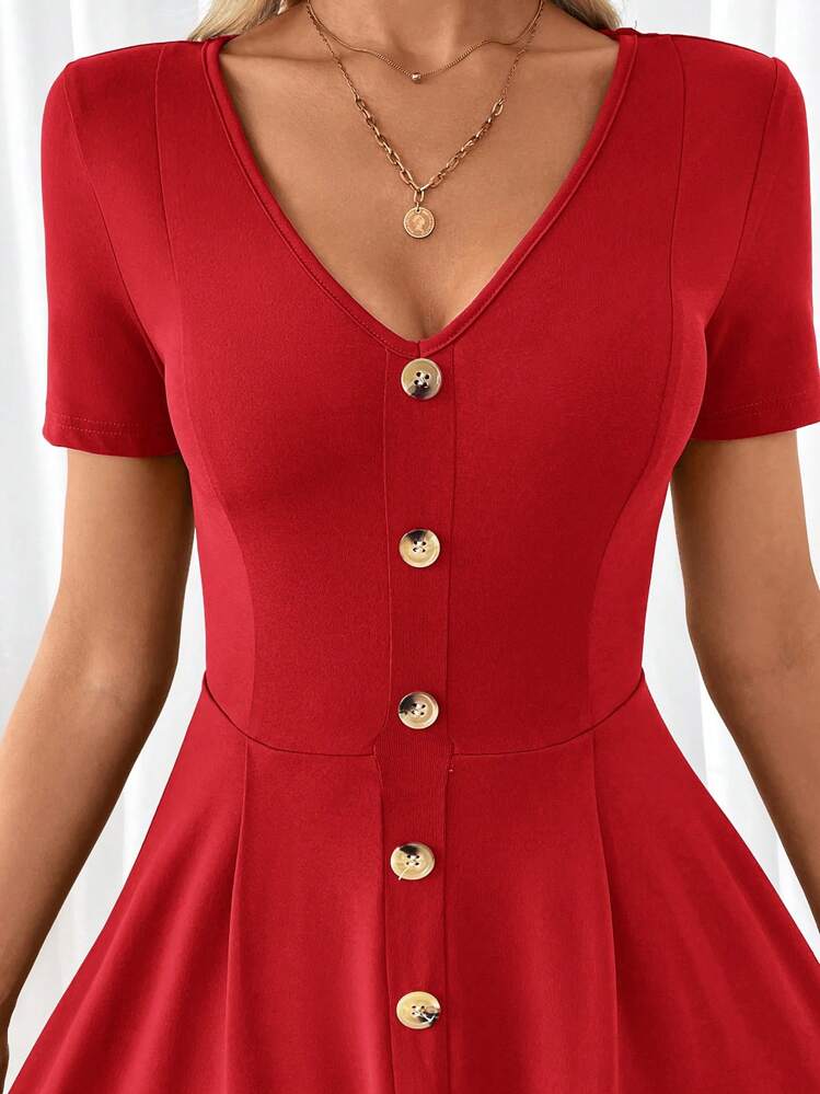 SHEIN Clasi Vestido verde de mujer de línea A, de manga corta y escote en V elegante - Rojo - Añade 6
