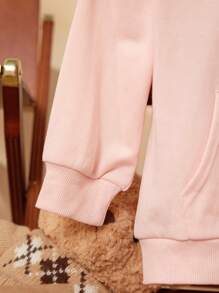 SHEIN Young Girls Embroidered Pink Sweatshirt Knit Long Sleeve Sweatshirts, Fashion School Style For Back To School Season, Autumn/Winter - Pink - View 7