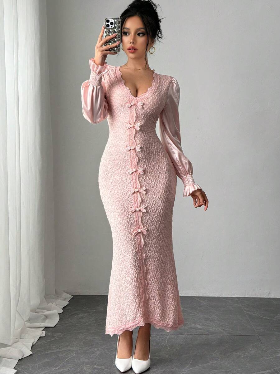 Rafferiza Vestido ajustado de manga larga con cuello en V, decorado con encaje rosa, parches, mariposa y perlas falsas, romántico para una cita/Día de San Valentín - Rosa - Ver 1