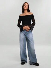 EURMUSE Low Waist Wash Detailed Wideleg Jean - Medium Wash - View 5