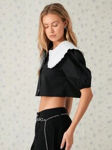 SHEIN EZwear Women's Cropped Shirt One-Piece Black And White Contrast Color Peter Pan Collar - Black and White - View 4