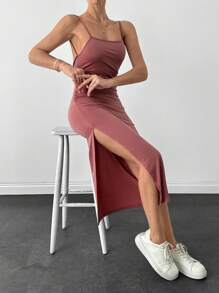 EURMUSE Women's Solid Color Pleated Side Slit Hem Casual Cami Dress - Dusty Pink - View 4