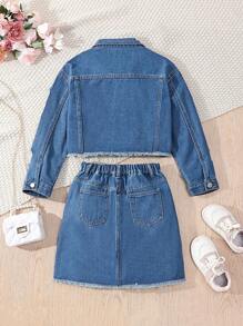Tween Girls Y2K Style Casual Distressed Cropped Jacket & Drawstring Waist Denim Skirt 2 Pieces Set - Medium Wash - View 2
