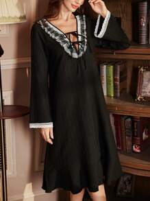 PalaceNights Color Block Ruffled Deep V-Neck Tie-Front Bow Decor Bell Sleeve Nightgown